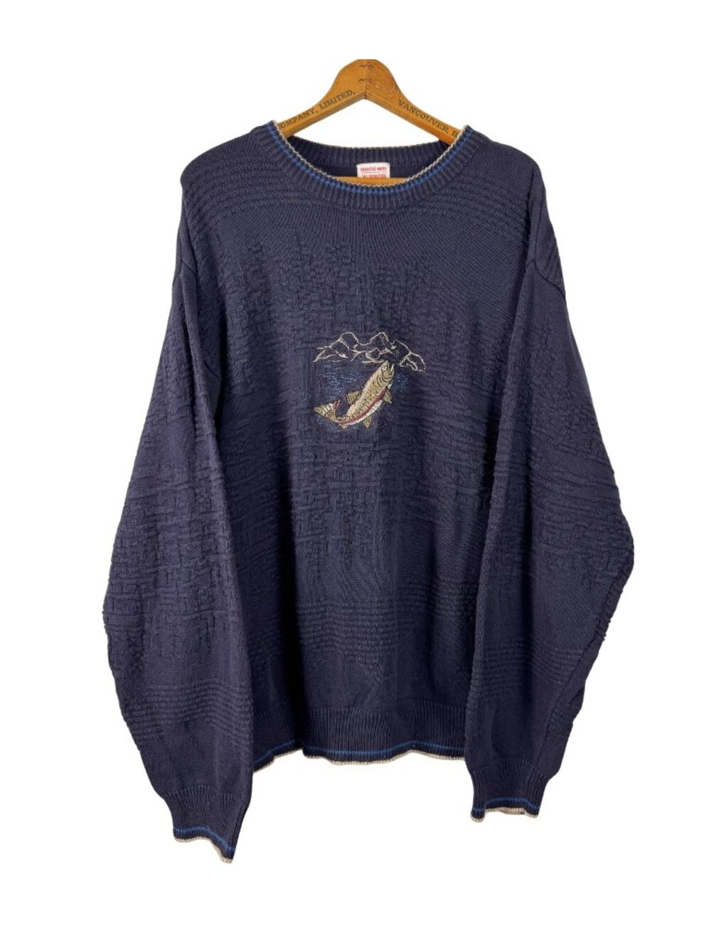 Vintage 90s Sweater, Oversized Crewneck, Embroidered Fishing Grandpa Sweater